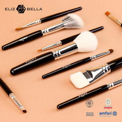 Προσαρμόστε 9pcs Travel Pro βούρτσες μακιγιάζ με μαύρο ξύλινο χερούλι και αλουμινένιο σίδερο