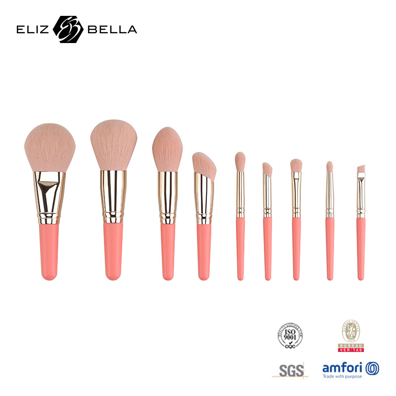 9PCS Καλές βούρτσες μακιγιάζ σετ με προσαρμοσμένη σύντομη ξύλινη λαβή 100% συνθετικά μαλλιά ιδιωτική ετικέτα OEM
